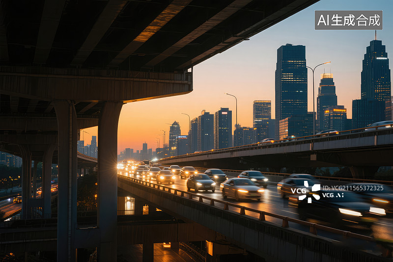 【AI数字艺术】夕阳下的城市交通图片素材