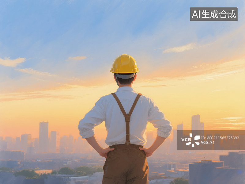 【AI数字艺术】夕阳下展望城市的工人图片素材