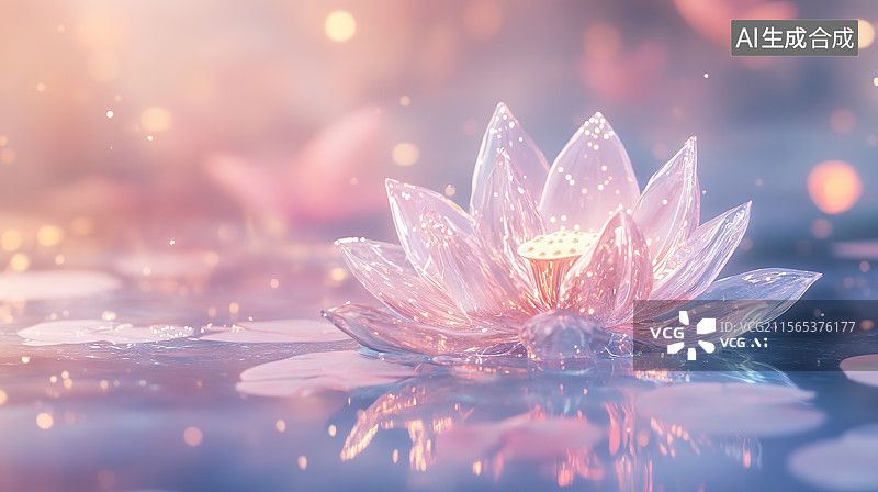 【AI数字艺术】粉色透明水晶质感莲花插画图片素材