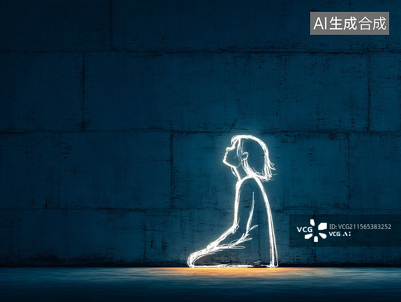 【AI数字艺术】跪坐在黑暗房间里的女孩图片素材