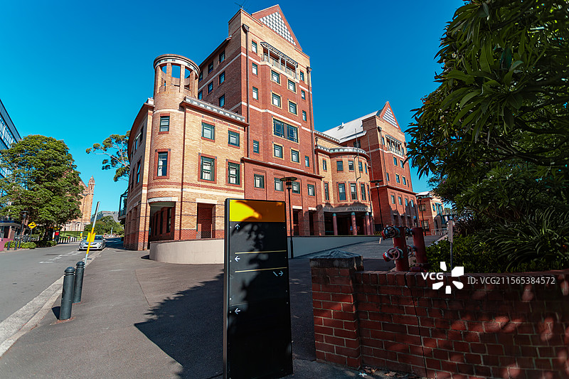 蓝天映衬下的优雅：欧式建筑与绿树交织的城市风光图片素材