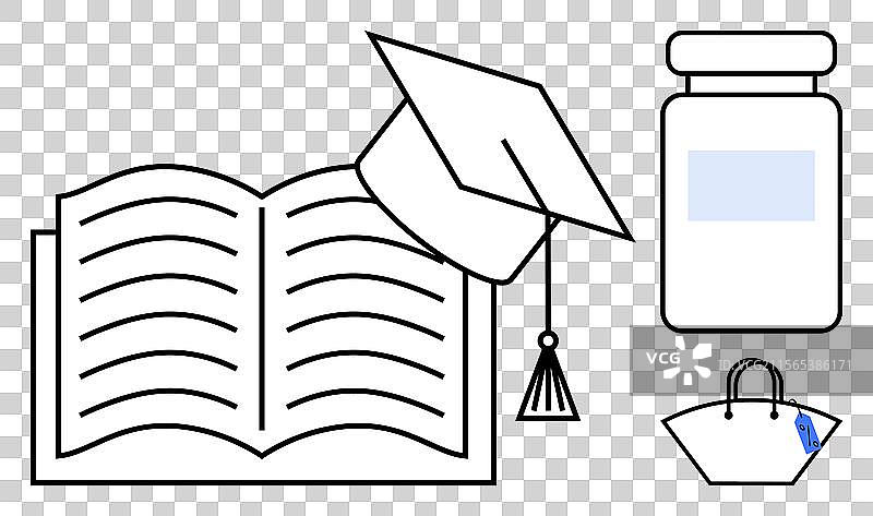 打开的书籍，旁边有毕业帽和药瓶图片素材