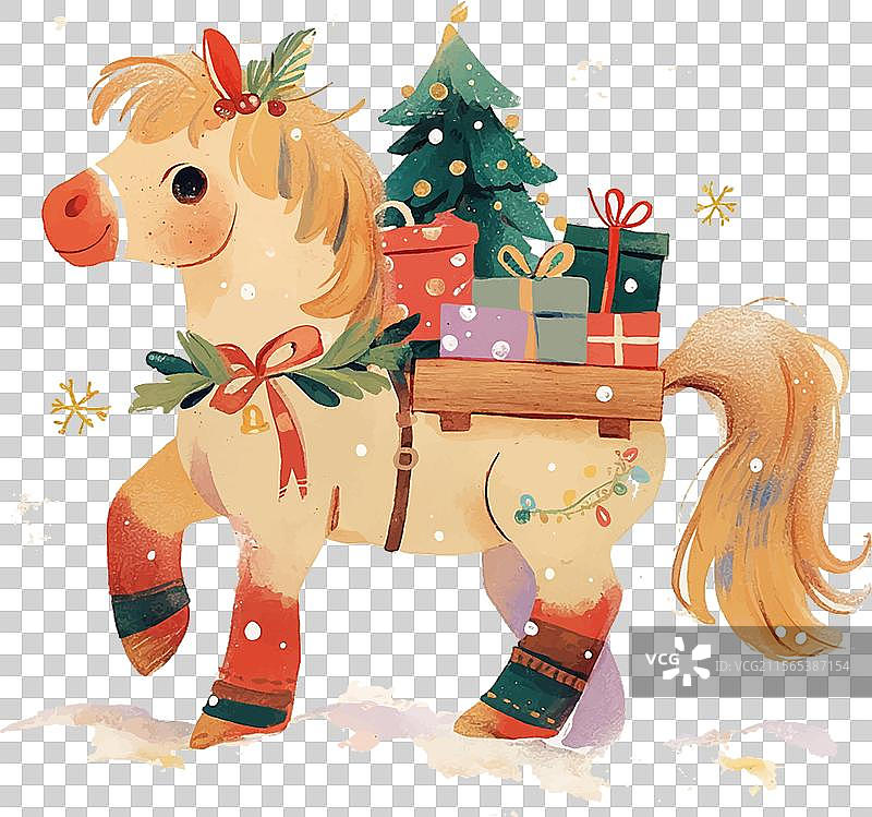 一匹白马拉着一辆装饰有圣诞节元素的马车图片素材