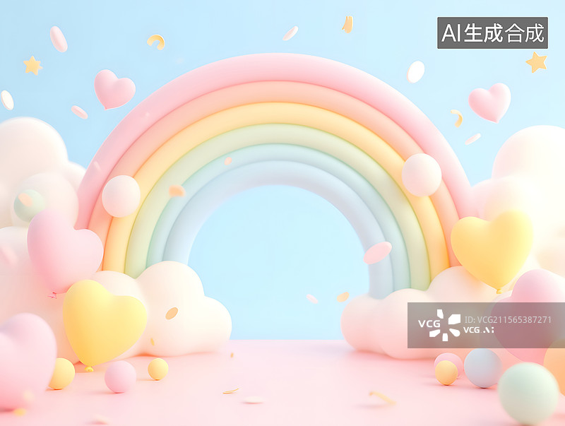 【AI数字艺术】节日的气球和彩虹三维场景插图图片素材