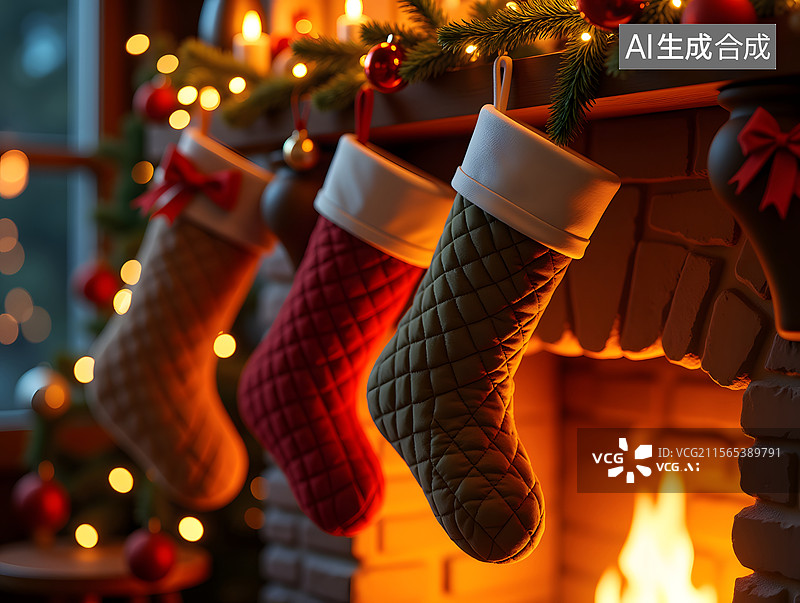 【AI数字艺术】圣诞节带礼物的袜子装饰背景图片素材