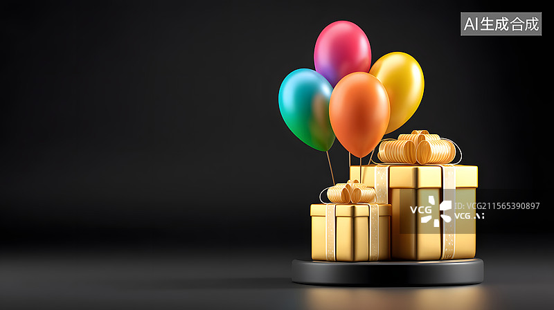 【AI数字艺术】节日气球礼盒的周年纪念日3D渲染图片素材