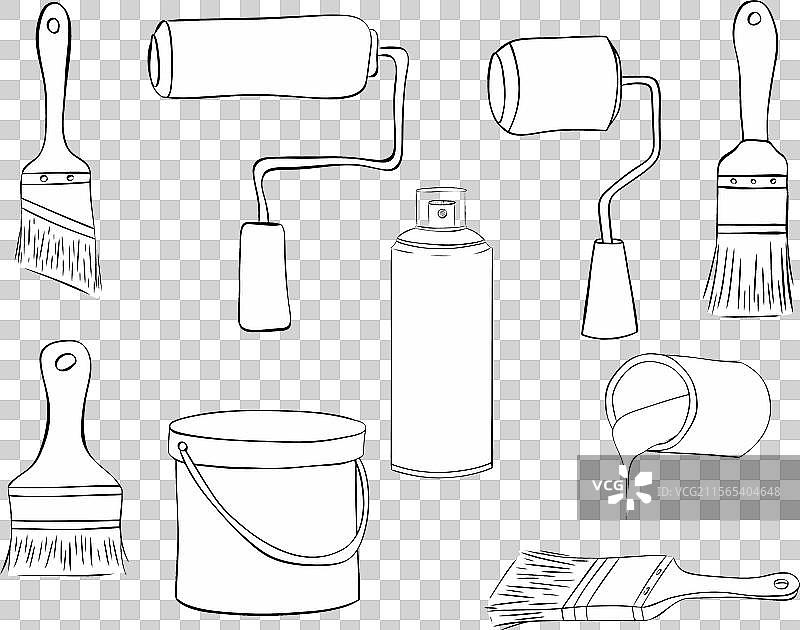 一套画家滚筒、刷子、工具和颜料罐图片素材