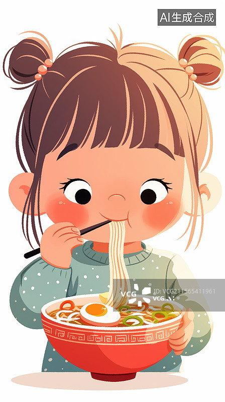 【AI数字艺术】小女孩吃面条图片素材