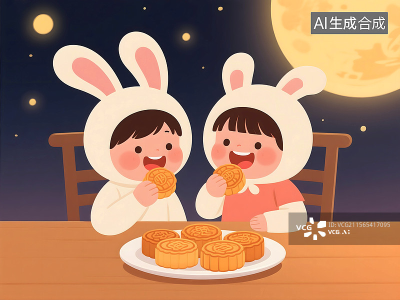 【AI数字艺术】中秋节兔子装扮的男孩女孩童年夜晚吃月饼赏月快乐幸福图片素材