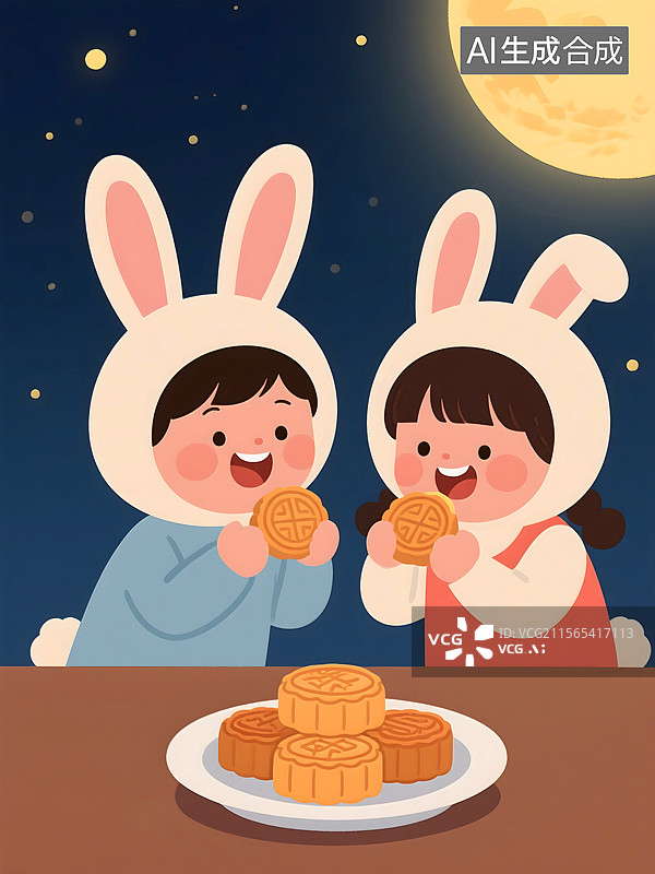 【AI数字艺术】中秋节兔子装扮的男孩女孩童年夜晚吃月饼赏月快乐幸福图片素材