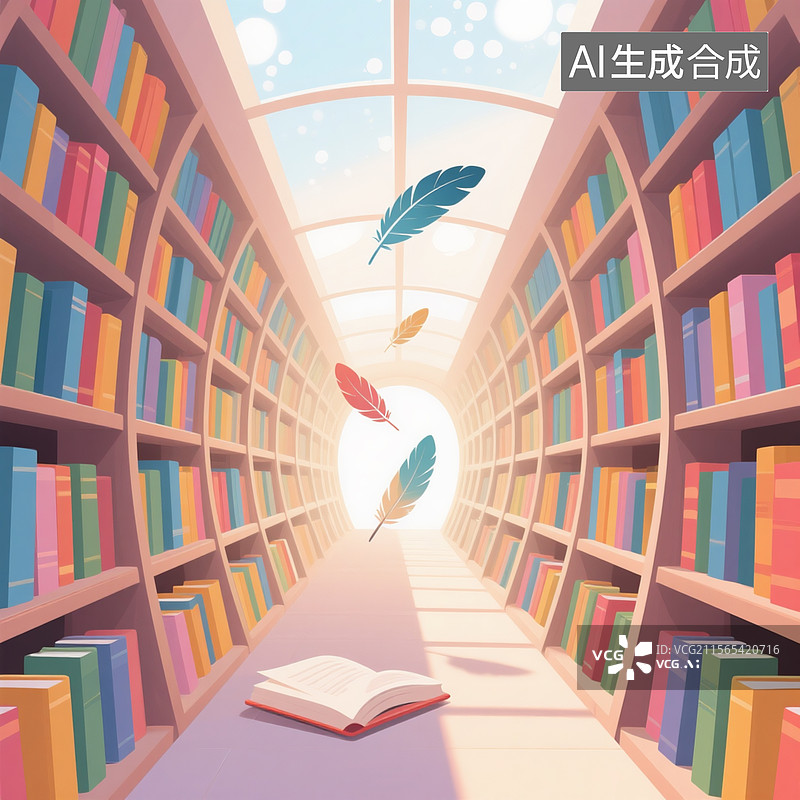 【AI数字艺术】治愈系插画，弧形书架，彩绘书脊按色相环顺序排列，顶部天窗光斑洒在悬浮的羽毛图片素材