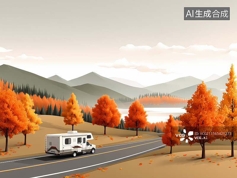 【AI数字艺术】橙色林间道路上的房车图片素材