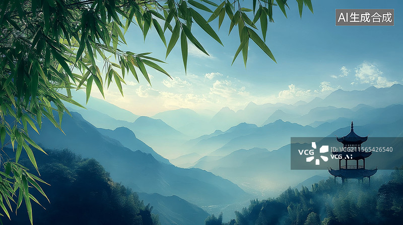 【AI数字艺术】山间竹林与古塔图片素材