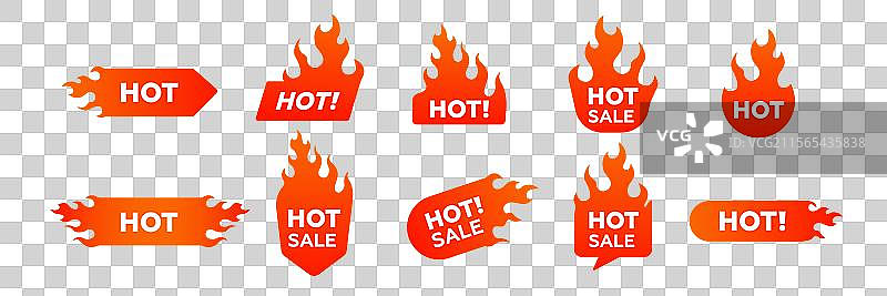 明亮的红色热销标签，带有火焰形状和图片素材