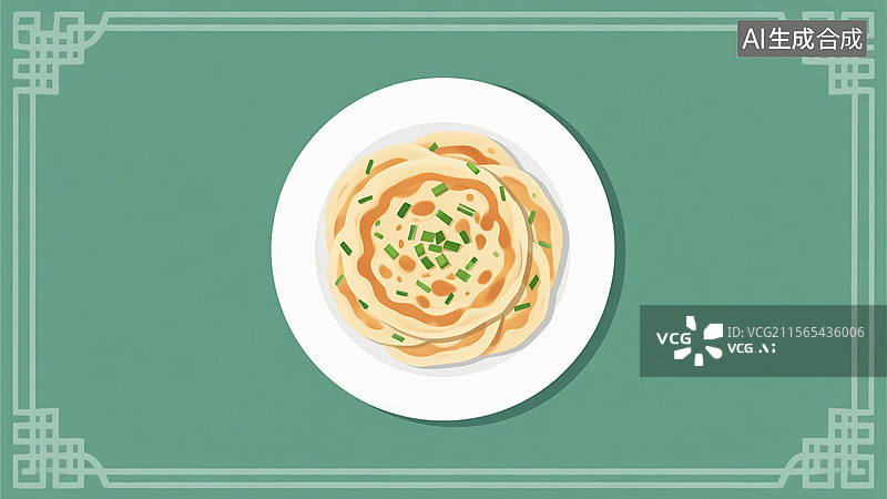 【AI数字艺术】一盘葱油饼 -中式传统美食小吃扁平风插画图片素材