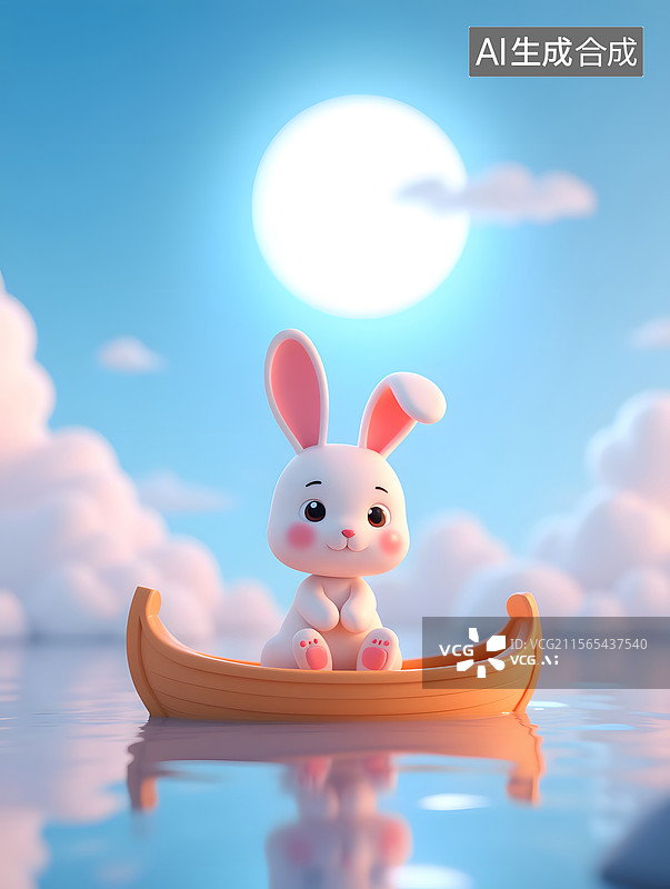 【AI数字艺术】中秋节兔子坐船上看月亮的3D插画图片素材