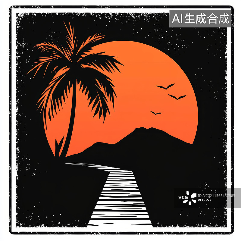 【AI数字艺术】椰林落日海滨复古风情画图片素材