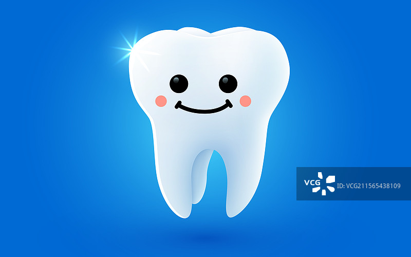 带有快乐卡通面孔的牙齿，孤立在蓝色背景上图片素材