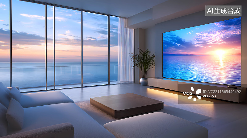 【AI数字艺术】带落地窗和电视的海边别墅客厅图片素材
