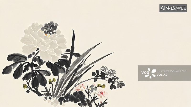 【AI数字艺术】水墨画居左-中国传统水墨画花卉图片素材