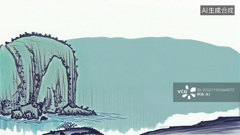 【AI数字艺术】水墨画居左-水墨画风格的山崖与海浪图片素材