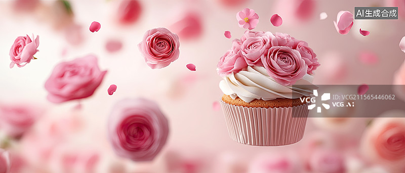 【AI数字艺术】小蛋糕和粉色花图片素材