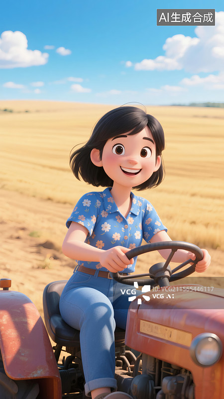 【AI数字艺术】3D卡通女孩麦田开拖拉机丰收图片素材