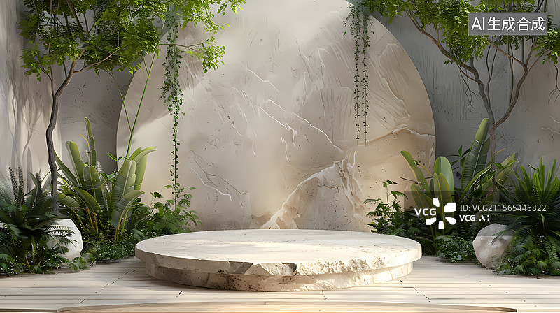 【AI数字艺术】圆形石台绿植环绕场景图片素材