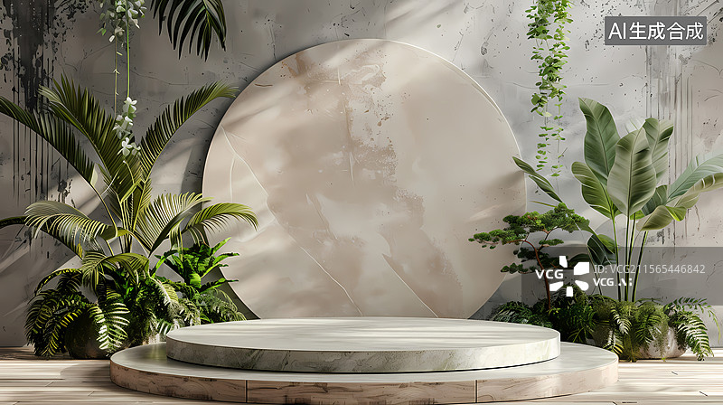 【AI数字艺术】室内植物与圆形装饰台图片素材