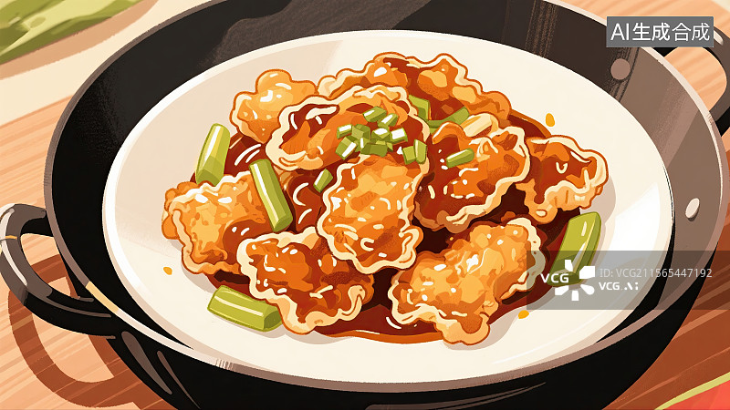 【AI数字艺术】中华美食锅包肉烹调食品插画图片素材