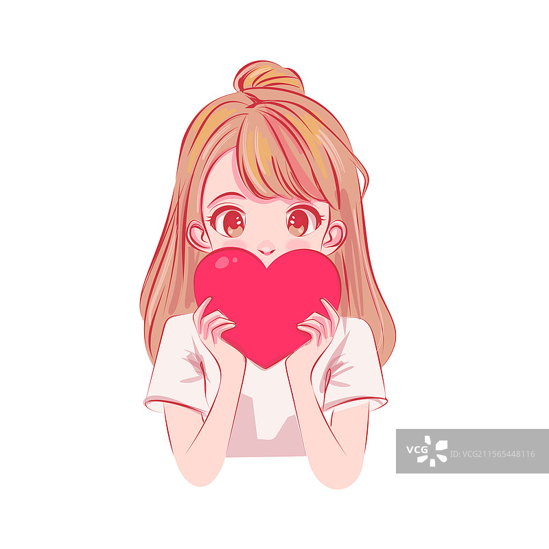 棕发的漫画女孩手捧心形物品图片素材