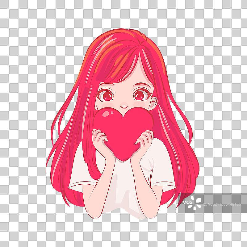 红发动漫女孩手捧心形物品图片素材