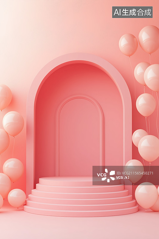 【AI数字艺术】粉色拱门与彩色气球背景图片素材