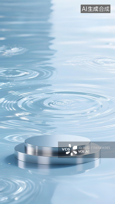 【AI数字艺术】夏季清爽冰凉氛围感美妆医疗电商产品效果图写实背景 清澈水面波纹反射倒影金属圆形展台极致简约清新冰蓝色图片素材