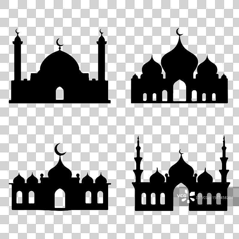 一组孤立在白色背景上的清真寺剪影图片素材
