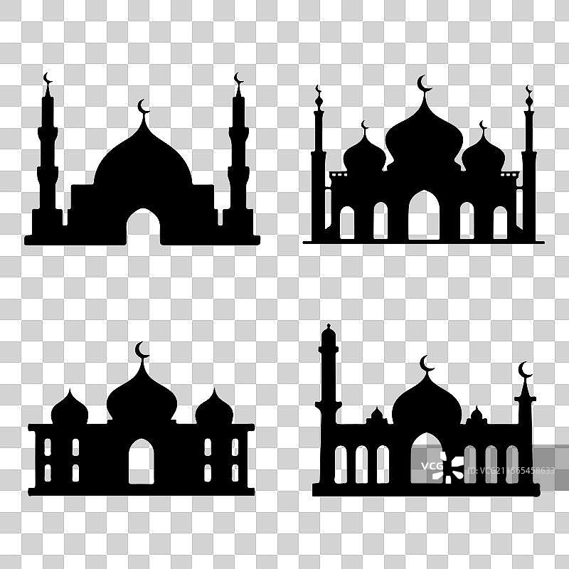 一组孤立在白色背景上的清真寺剪影图片素材