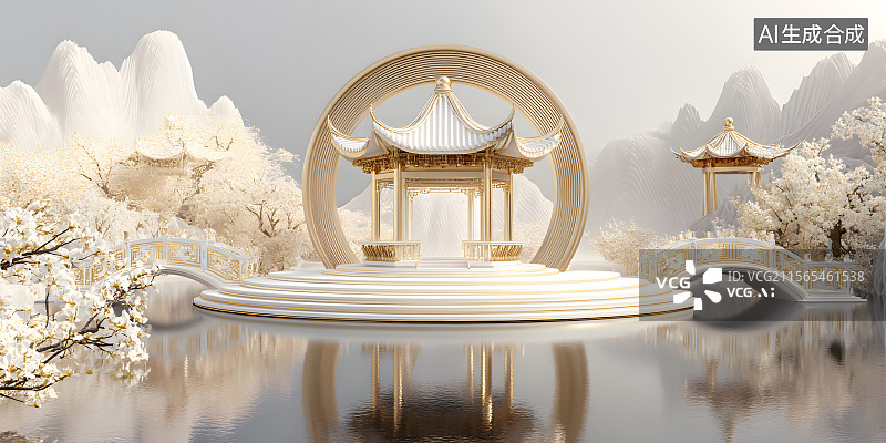 【AI数字艺术】金色中式展台图片素材