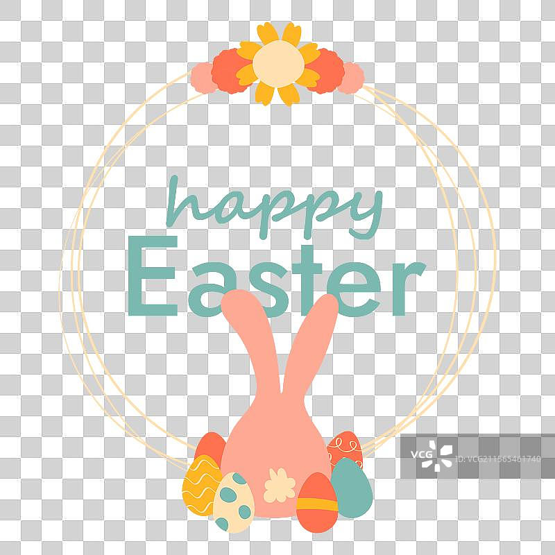 圆形框架中的兔子与鸡蛋和花朵涂鸦图片素材