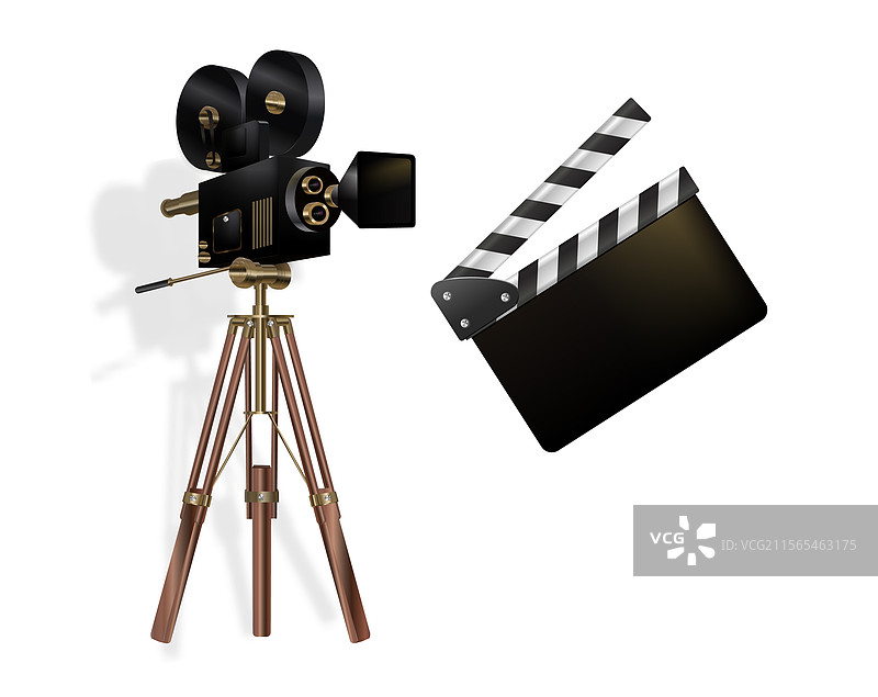 复古电影摄影机与电影拍板图片素材