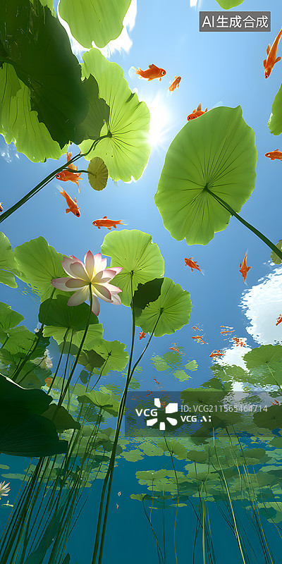 【AI数字艺术】荷间鱼影·数字插画图片素材