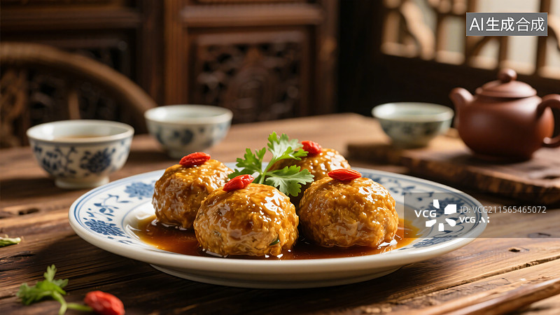 【AI数字艺术】金黄四喜丸子，传统美食的精致呈现图片素材
