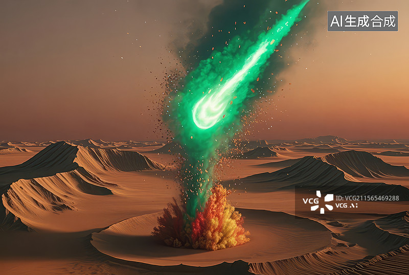 【AI数字艺术】绿色彗星撞击沙漠图片素材