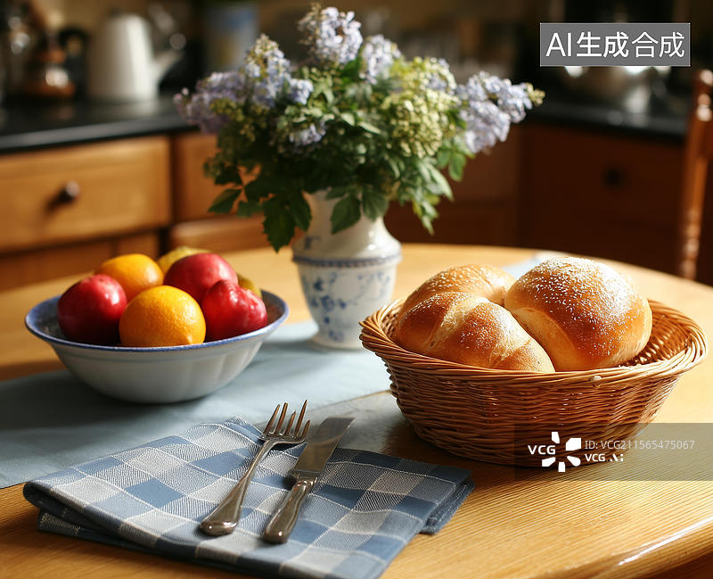 【AI数字艺术】餐桌上美味的面包和水果图片素材