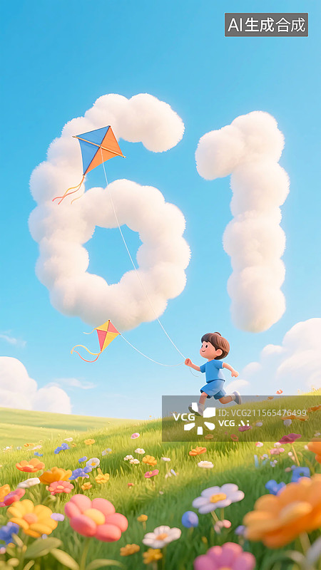 【AI数字艺术】儿童节背景：3D草地上放风筝的少年与云朵数字61图片素材