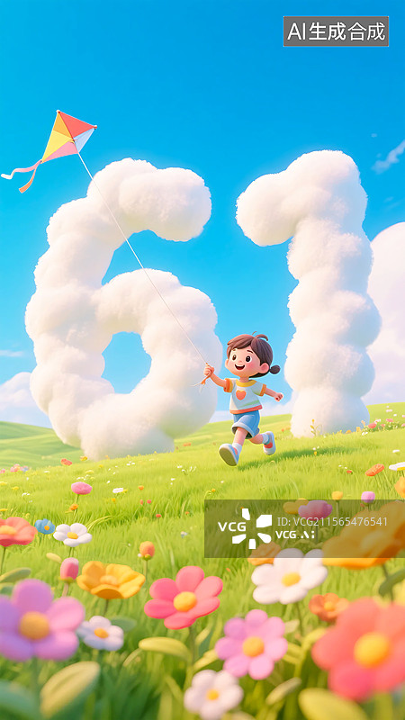 【AI数字艺术】儿童节背景：3D草地上放风筝的少年与云朵数字61图片素材