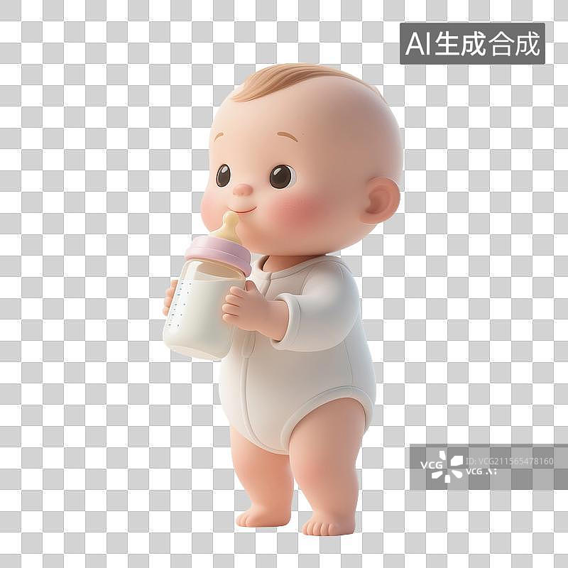 【AI数字艺术】3D渲染可爱的卡通人物，拿着奶瓶的婴儿，婴儿奶瓶，新生儿，母婴，免抠元素图片素材