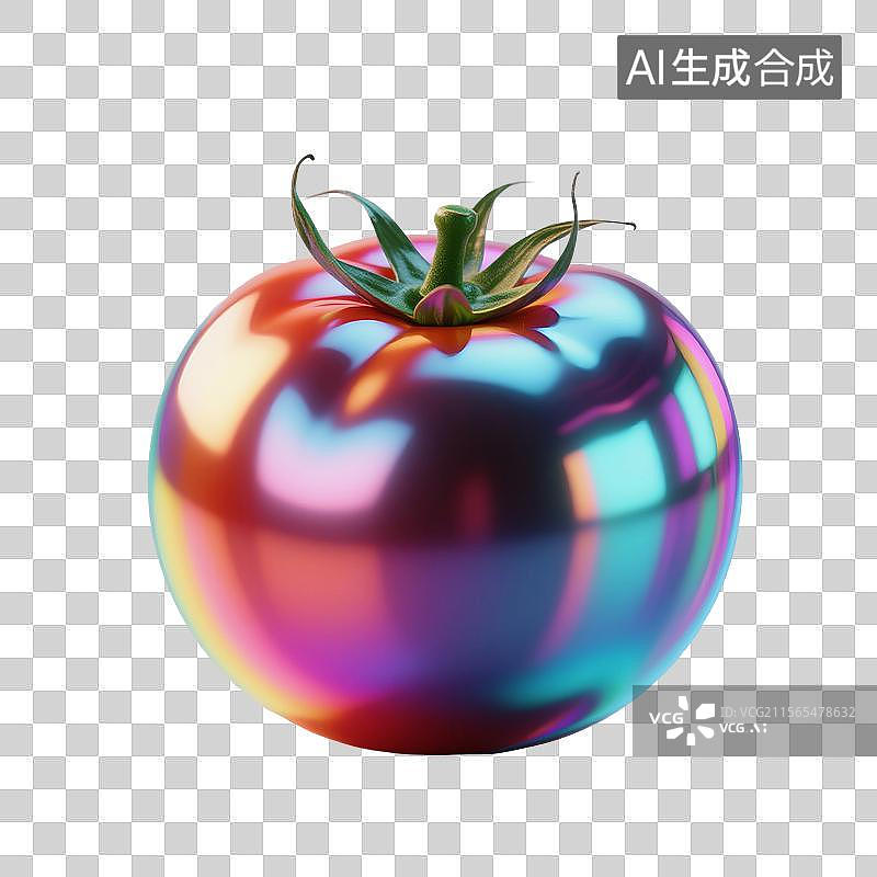 【AI数字艺术】3D渲染，炫彩激光镭射酸性金属质感，番茄，西红柿，水果，蔬菜，免抠元素图片素材