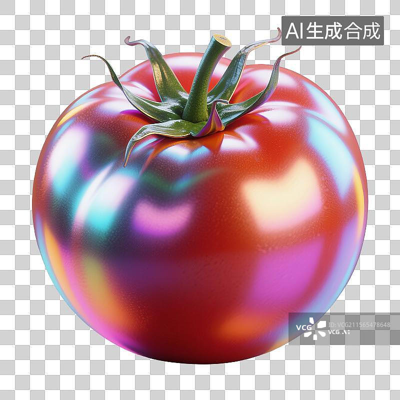 【AI数字艺术】3D渲染，炫彩激光镭射酸性金属质感，番茄，西红柿，水果，蔬菜，免抠元素图片素材