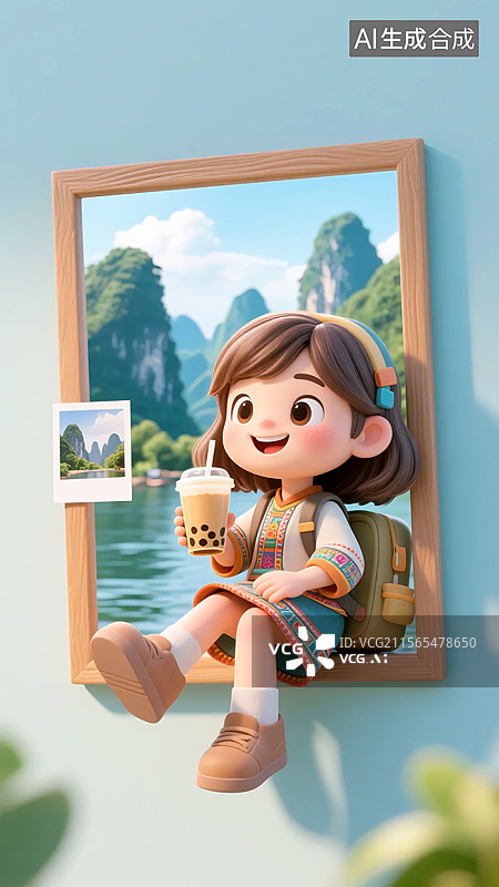 【AI数字艺术】3D山水风光旅游打卡的女孩图片素材