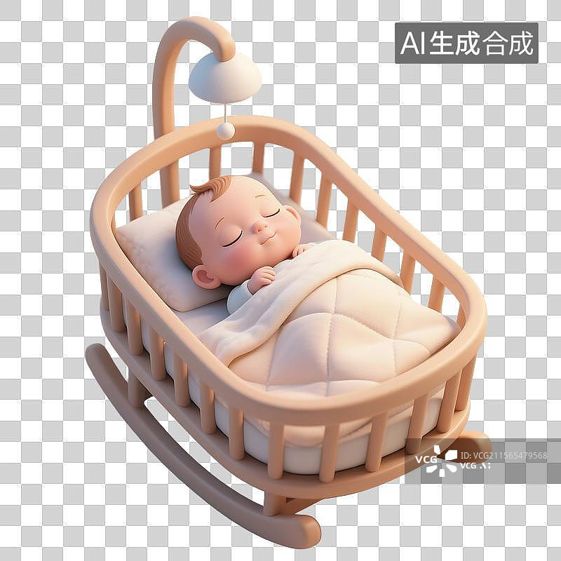 【AI数字艺术】3D渲染可爱的卡通人物，摇篮里的婴儿，婴儿床，新生儿，母婴，免抠元素图片素材